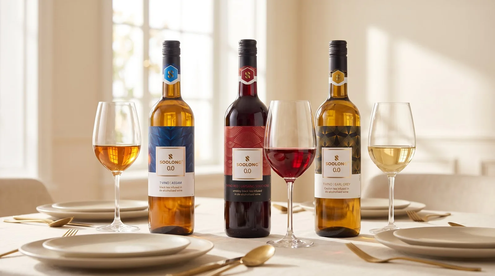 Drie flessen Soolong T-Vino op een gedekte tafel